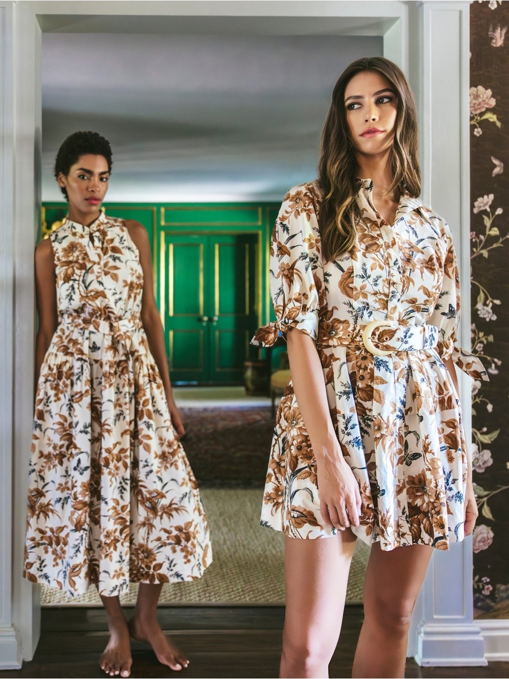 Cara Cara Cream and Brown Floral Mini Dress with Belt 2026SS